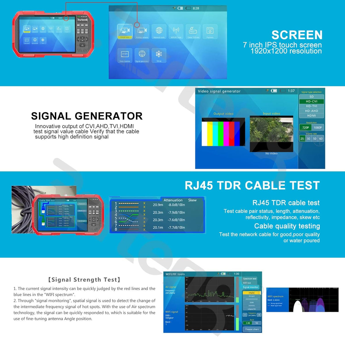 4K 8MP CVI TVI AHD IP Camera Tester 7inch TFT Touch Screen G332