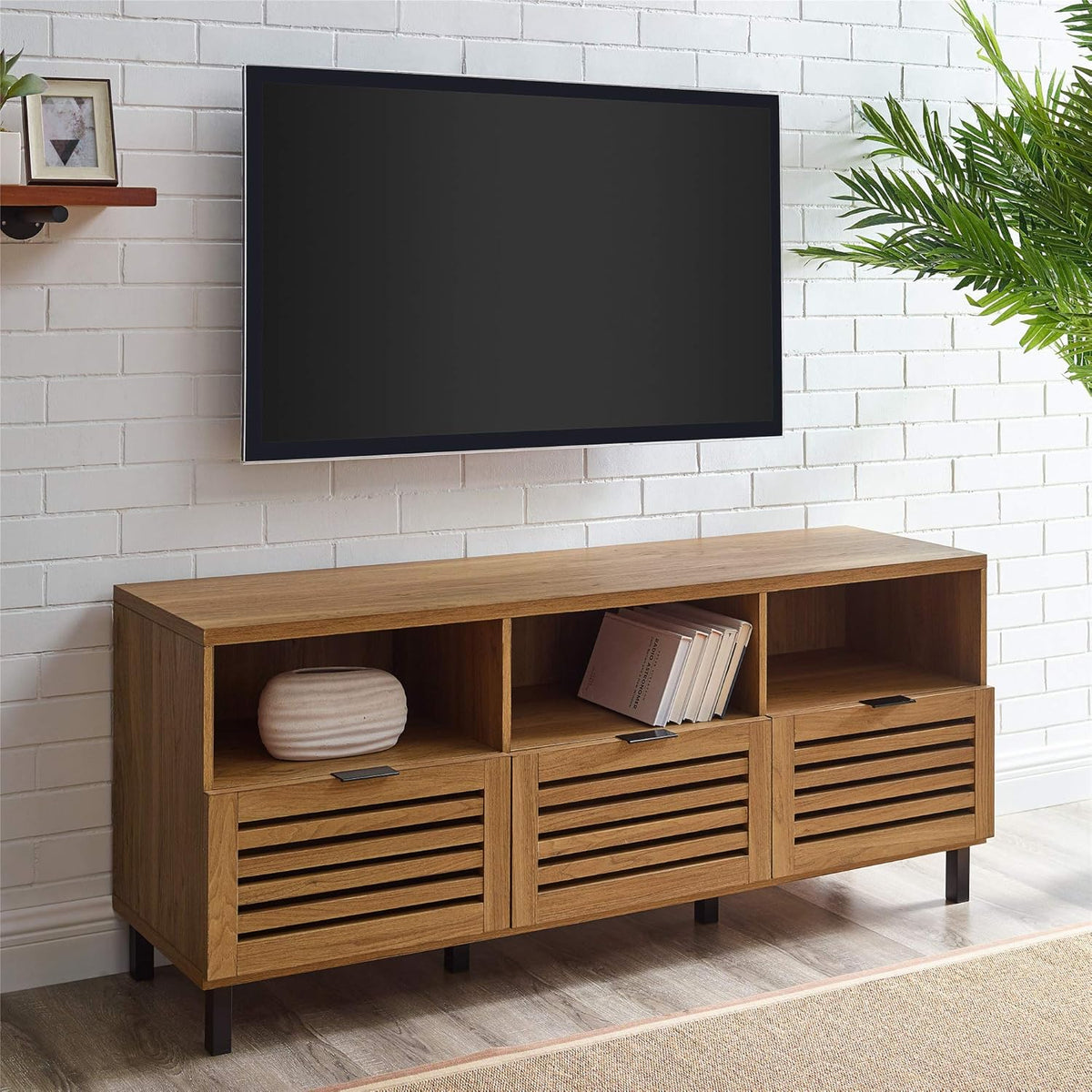70 Inch Dark Walnut Slatted Wood TV Stand U4328