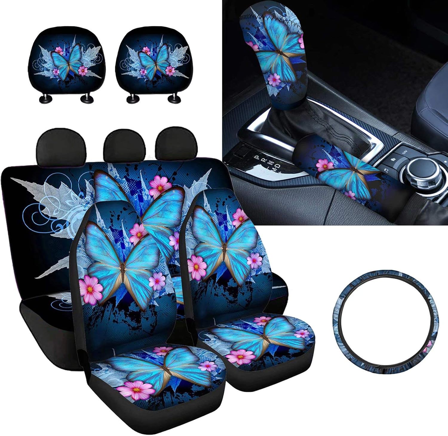 9 Pcs Car Seat Covers Set with Gear Shift Knob Handbrake Cover Headrest Covers Steering Wheel Cover J475
