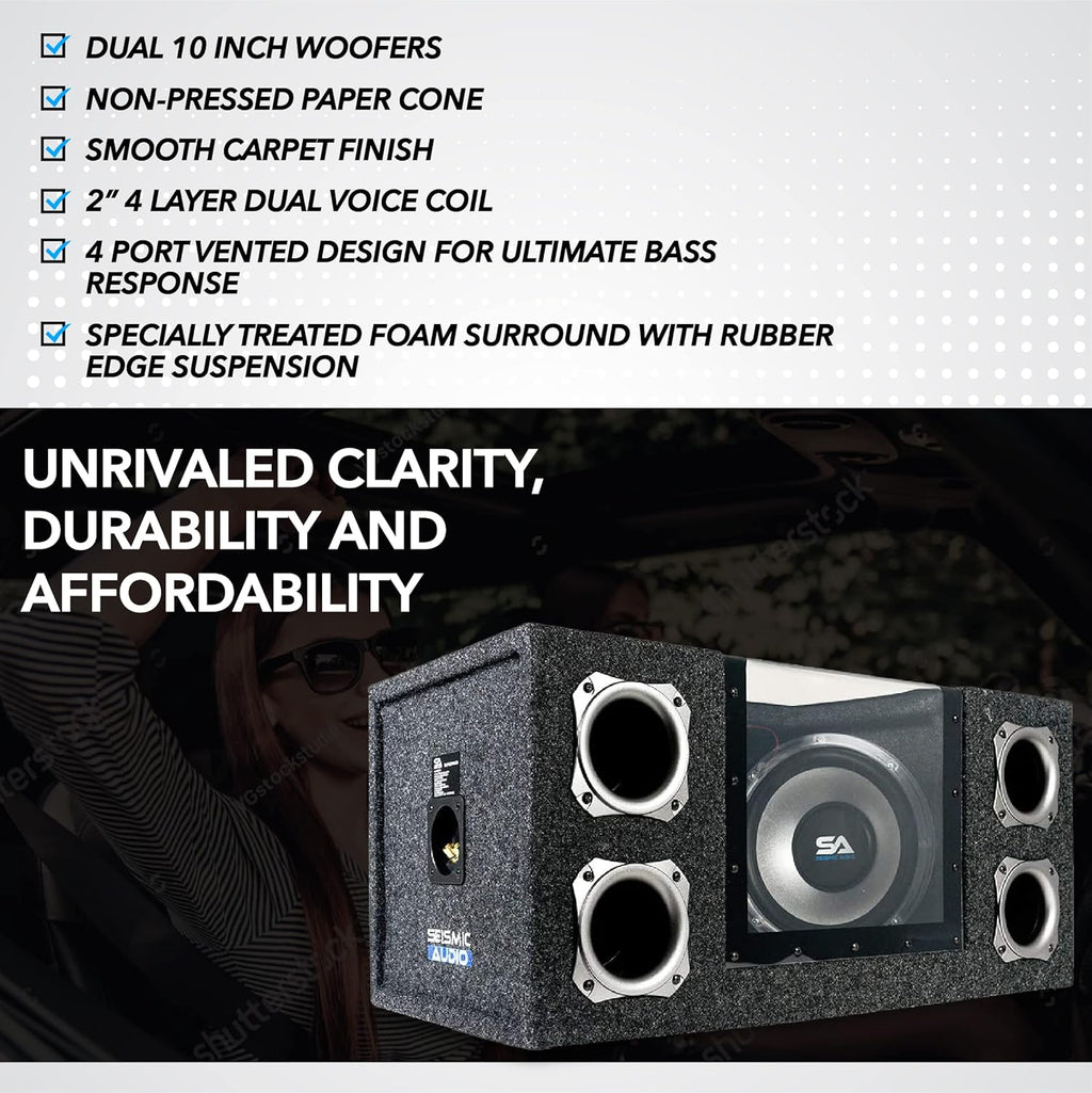 Dual 10 Inch 1000 Watt Car Audio Subwoofer Box with LED Lights & Plexiglass Window W14897