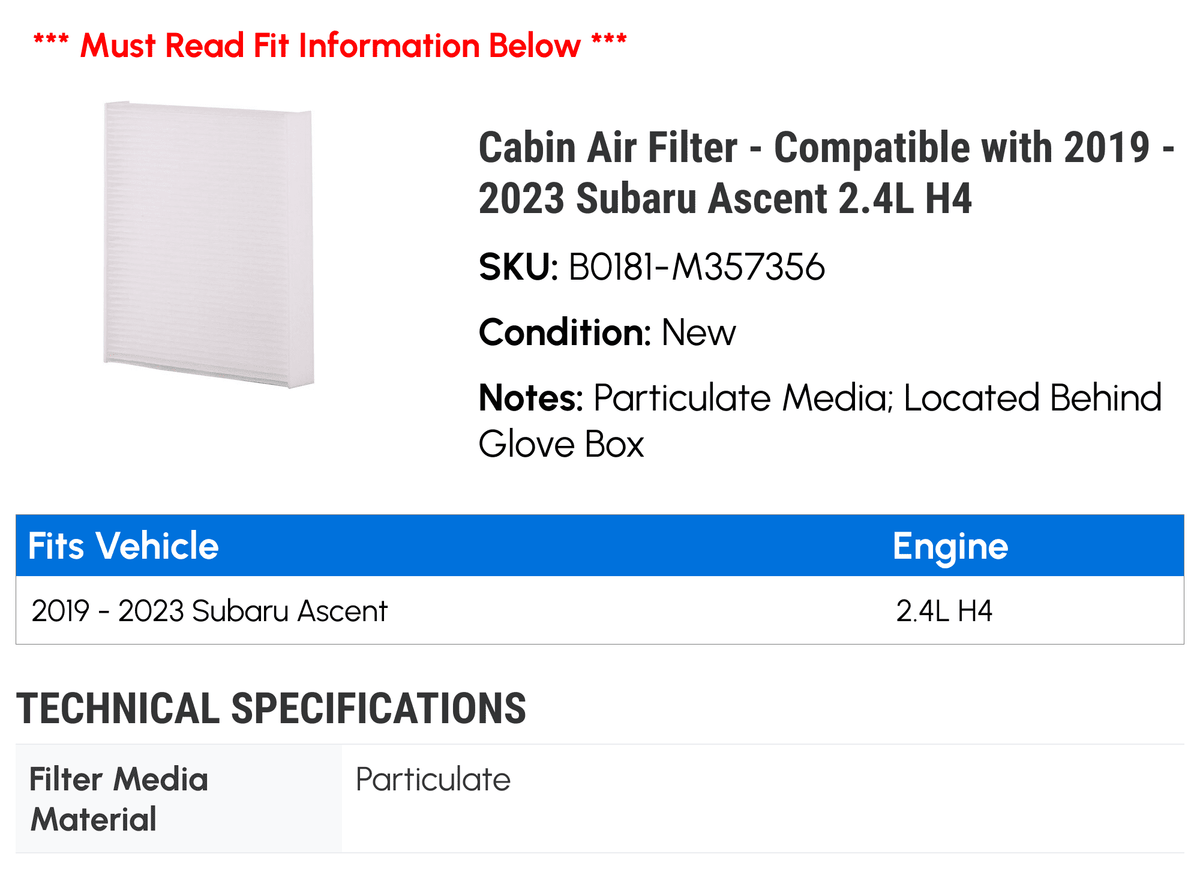 Cabin Air Filter for Subaru Ascent 2.4L H4 A739593