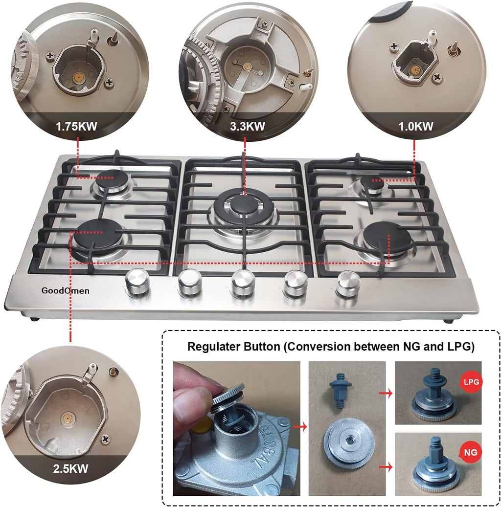 36 inch 5 Sealed Burners Stainless Steel Gas Cooktop with Cast Iron Grates P2933
