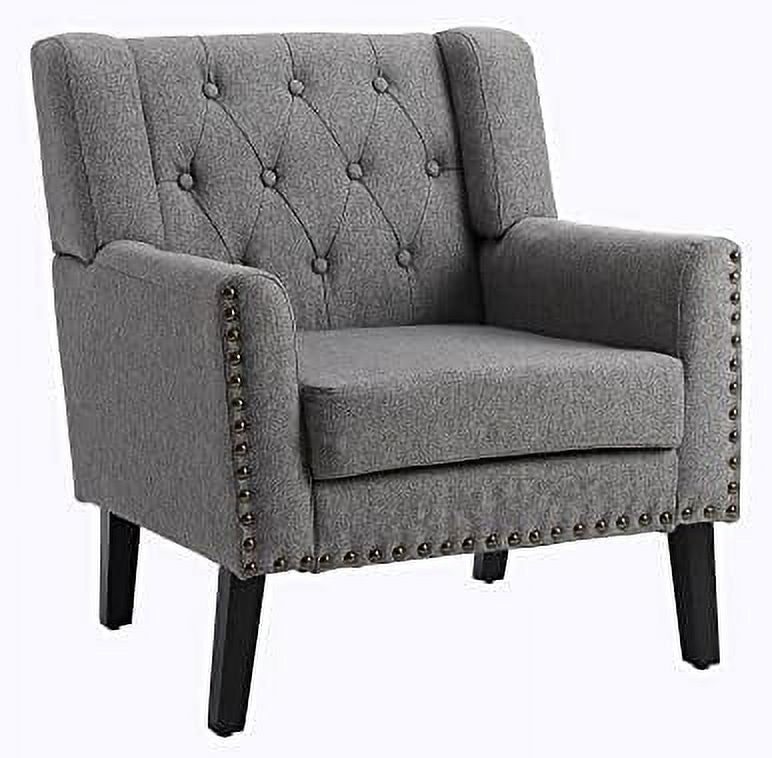 Grey Fabric Button Tufted Armchair with Solid Wood Legs F813651