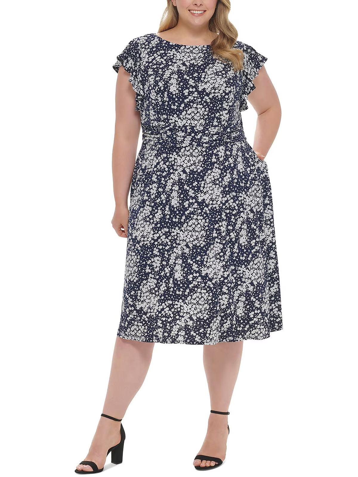 Floral Print Mid Calf Fit & Flare Dress J48163