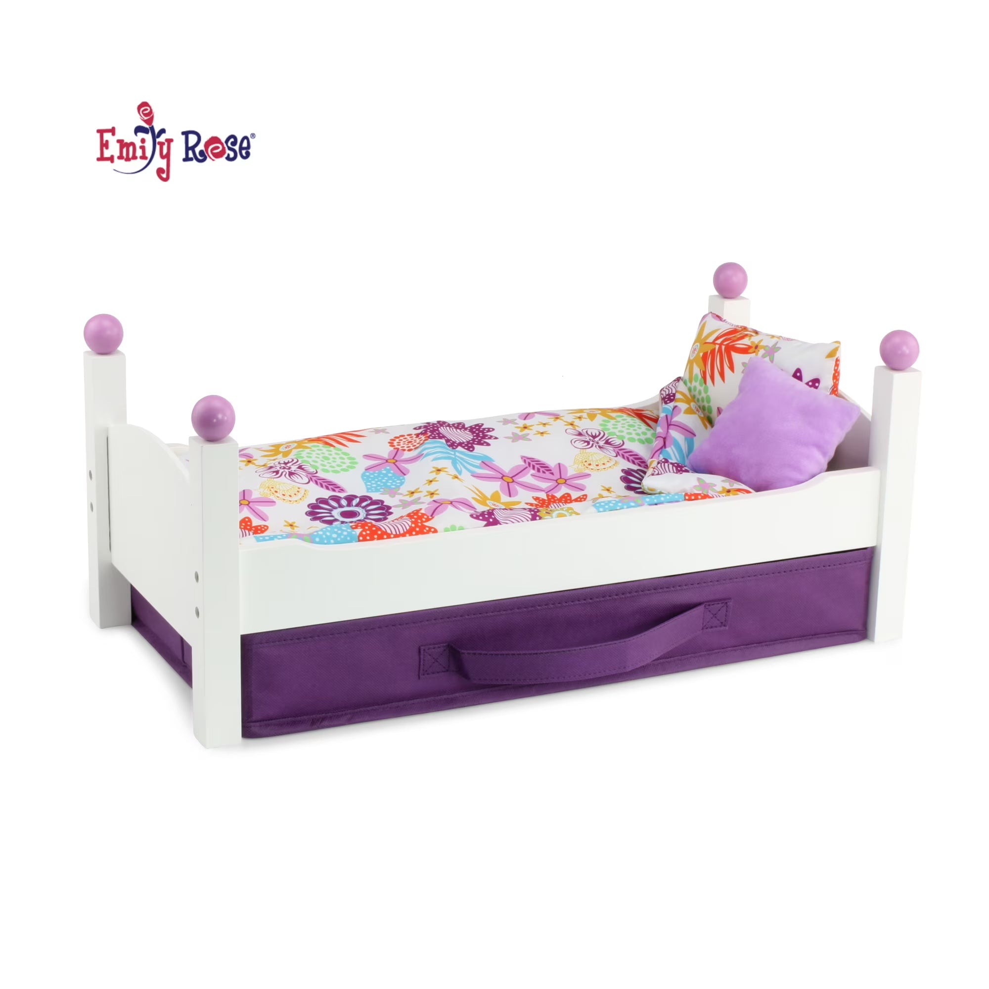 18 Inch Doll Bed with Fabric Storage Bin and Reversible Doll Bedding A28809