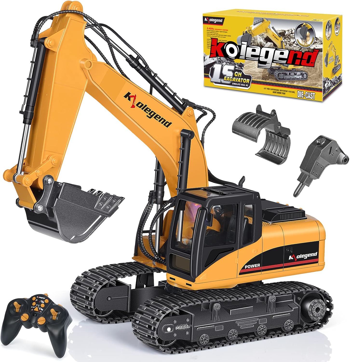 3 in 1 Remote Control Excavator with Metal Shovel, 15 Channel Construction Tractor Toy Truck J393891