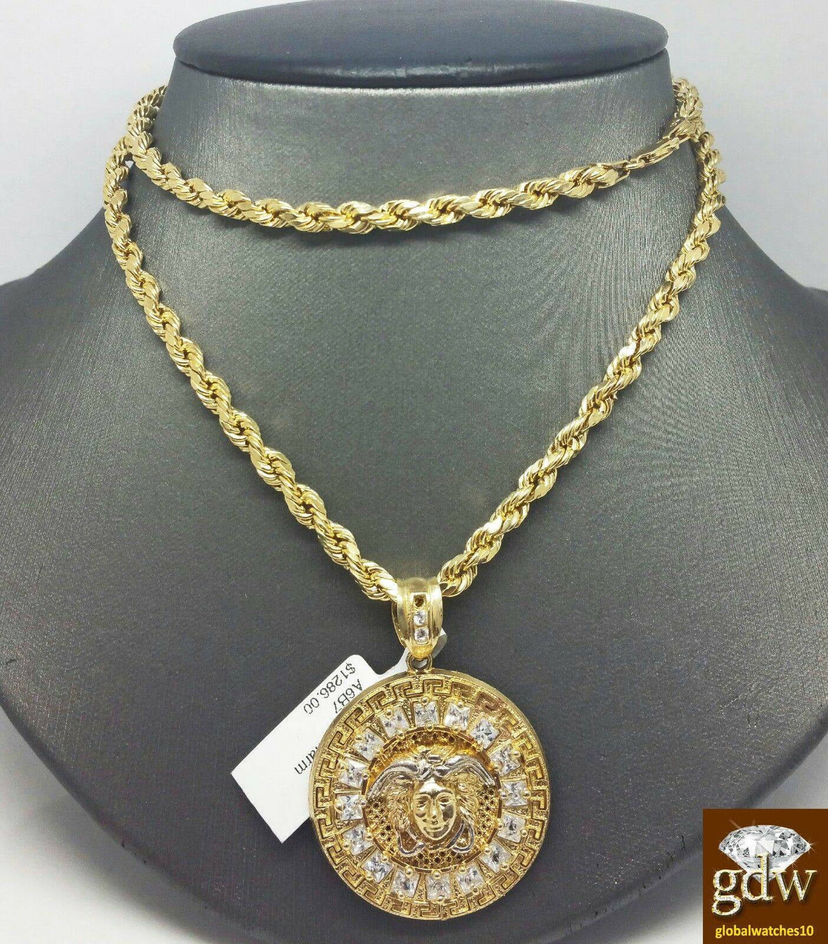10k Gold Rope Chain Necklace 26 inch with 10k Pendant Charm U8053