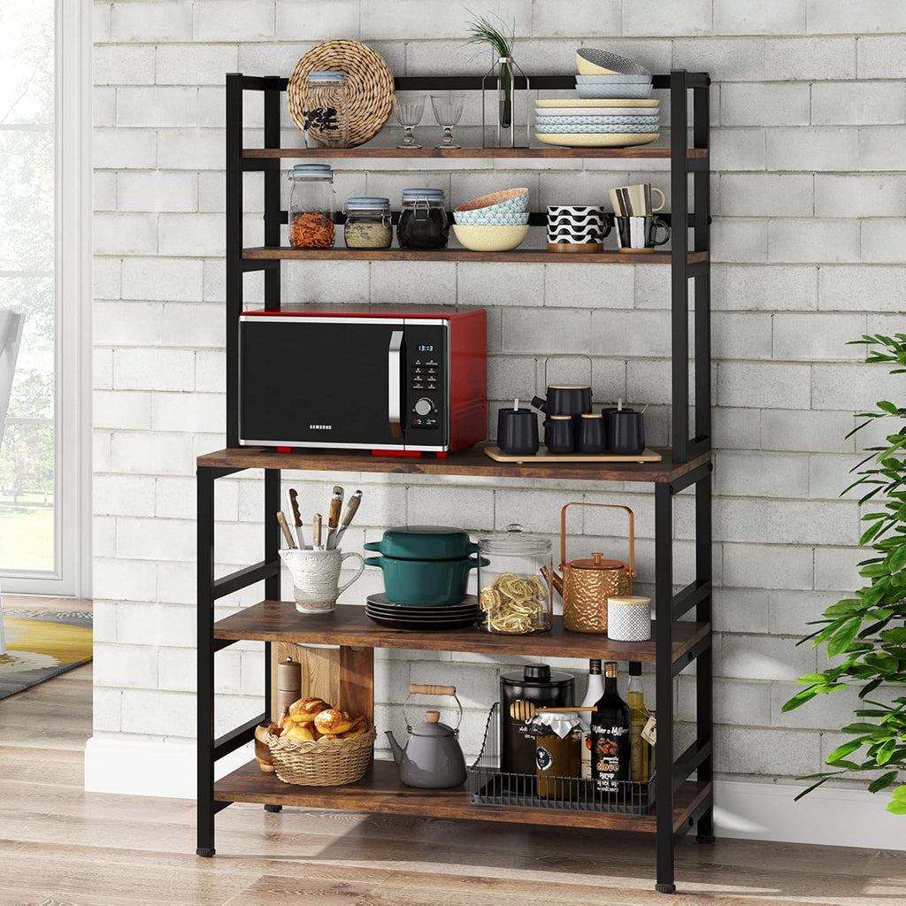 5-Tier Kitchen Bakers Rack with Hutch, Industrial Microwave Oven Stand, Free Standing Kitchen Utility Cart Storage Shelf Organizer (Rustic Brown) B741776