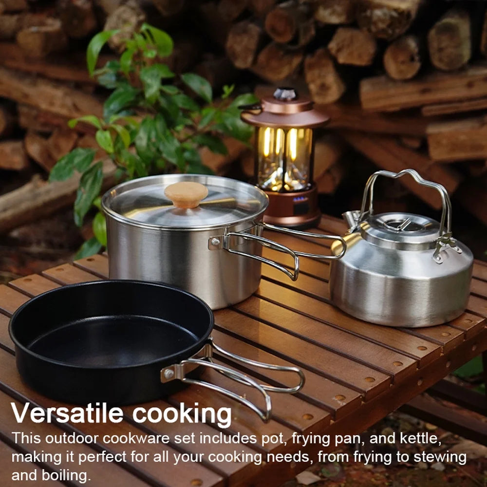 Stainless Steel Camping Cookware Set with Pot Frying Pan Kettle R105