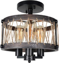 Round Rustic Semi Flush Mount Cage Light, Black Metal and Wood Ceiling Light Fixture 3 Lights E26 W797