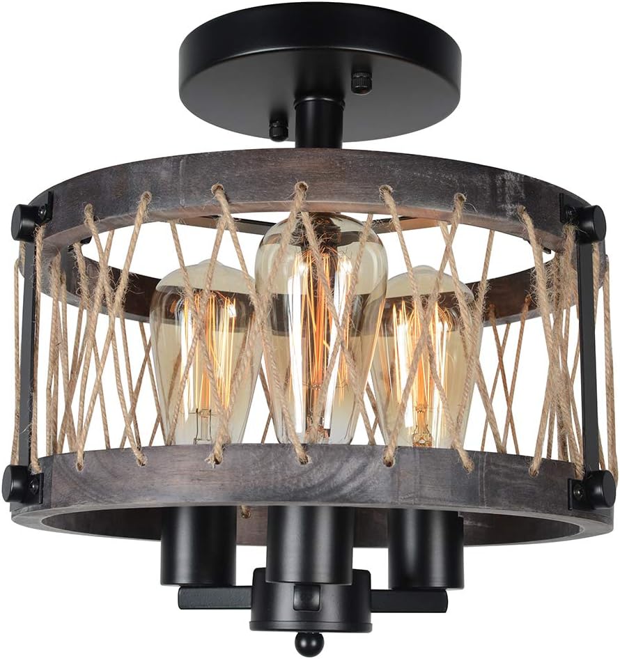 Round Rustic Semi Flush Mount Cage Light, Black Metal and Wood Ceiling Light Fixture 3 Lights E26 W797