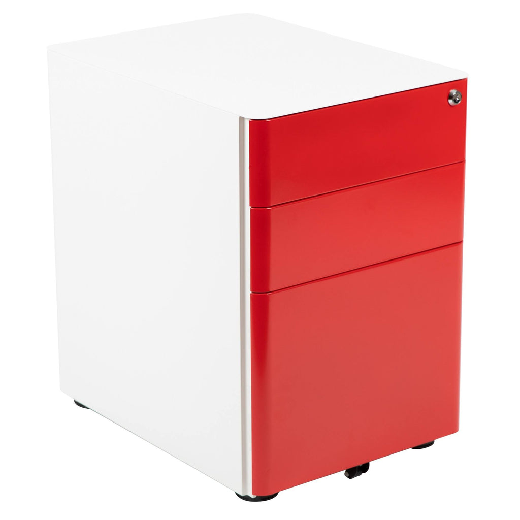 White and Red Mobile Locking Filing Cabinet with Three Drawer K482469