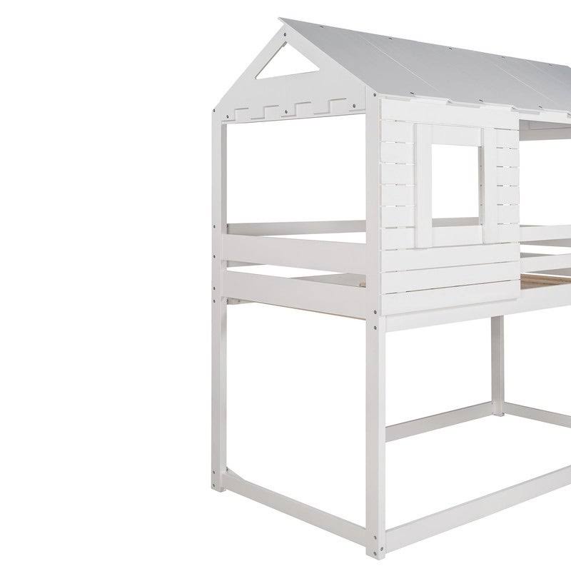 Antique White Twin Over Twin Solid Wood Loft Bed with Ladder D491