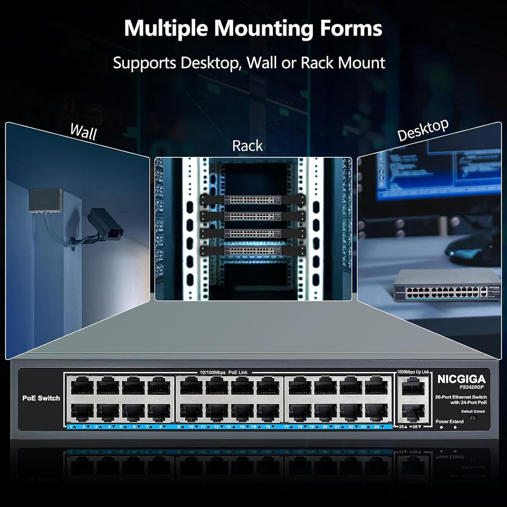 26 Port PoE Switch with 24 Ports 10/100Mbps PoE+@400W, 2 Gigabit Uplink Ports, VLAN Mode, Metal Case, Rack Mount U612417