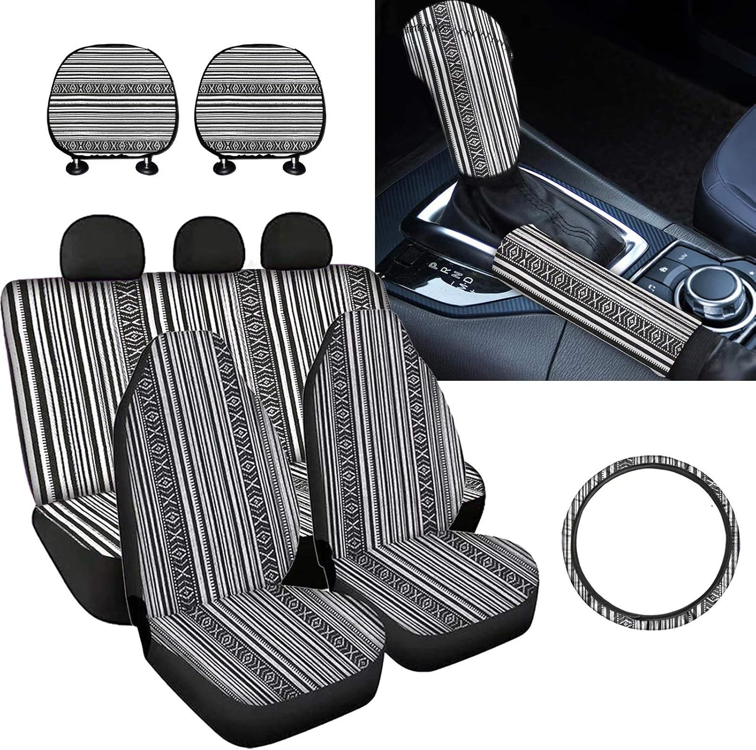 9 Pcs Car Seat Covers Set with Gear Shift Knob Handbrake Cover Headrest Covers Steering Wheel Cover J475