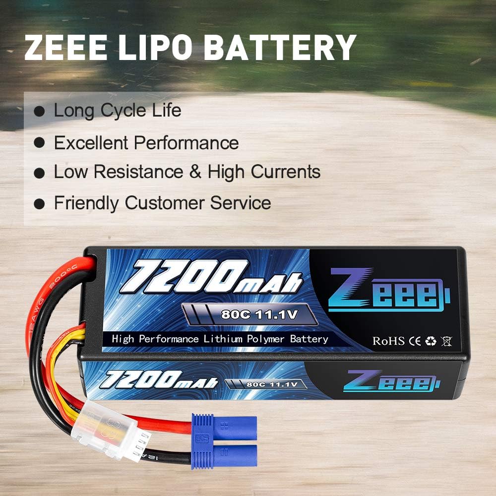 11.1V 3S Lipo Battery 7200mAh 80C with EC5 Connector Hard Case Battery (2 Packs) L90924