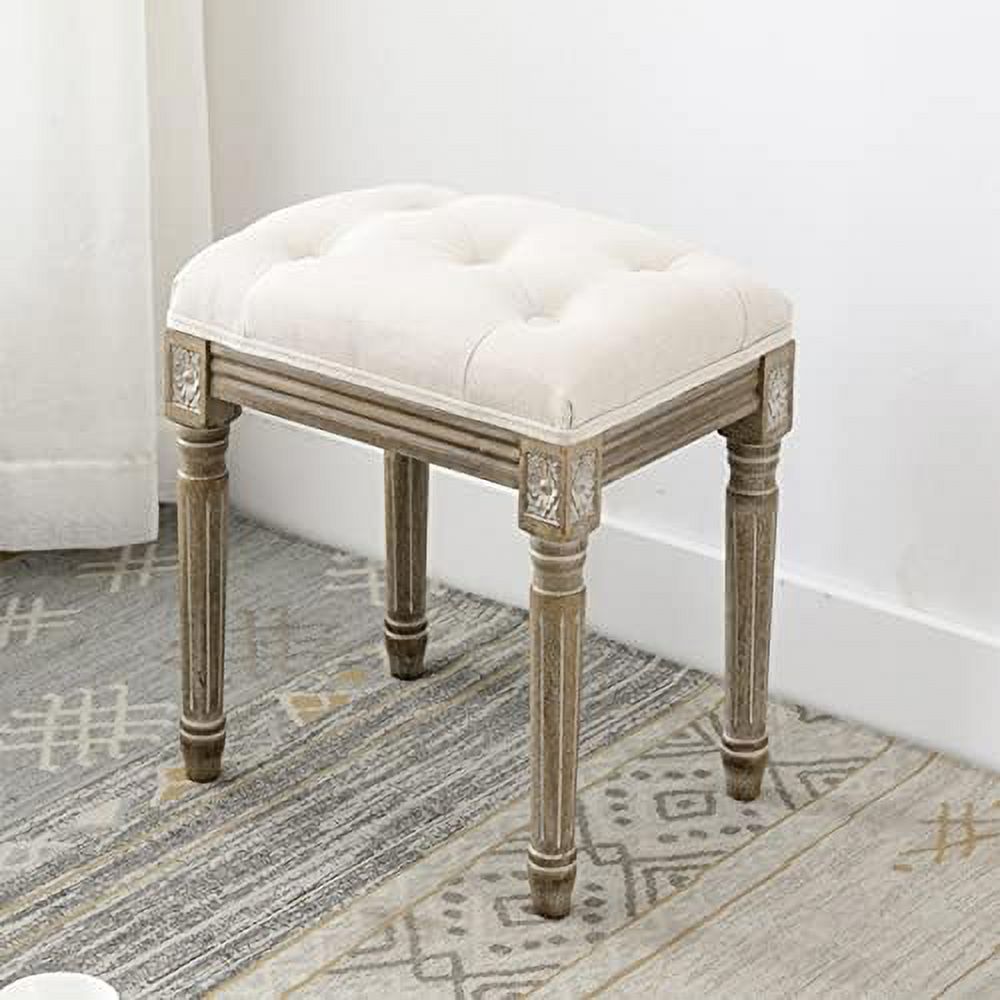 Vintage Tufted Ottoman Stool with Linen Padding and Solid Wood Leg V451089
