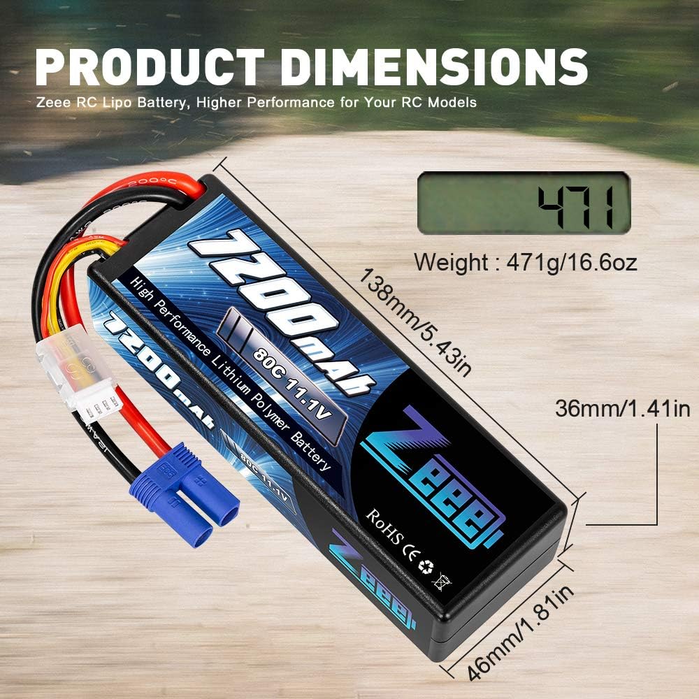 11.1V 3S Lipo Battery 7200mAh 80C with EC5 Connector Hard Case Battery (2 Packs) L90924