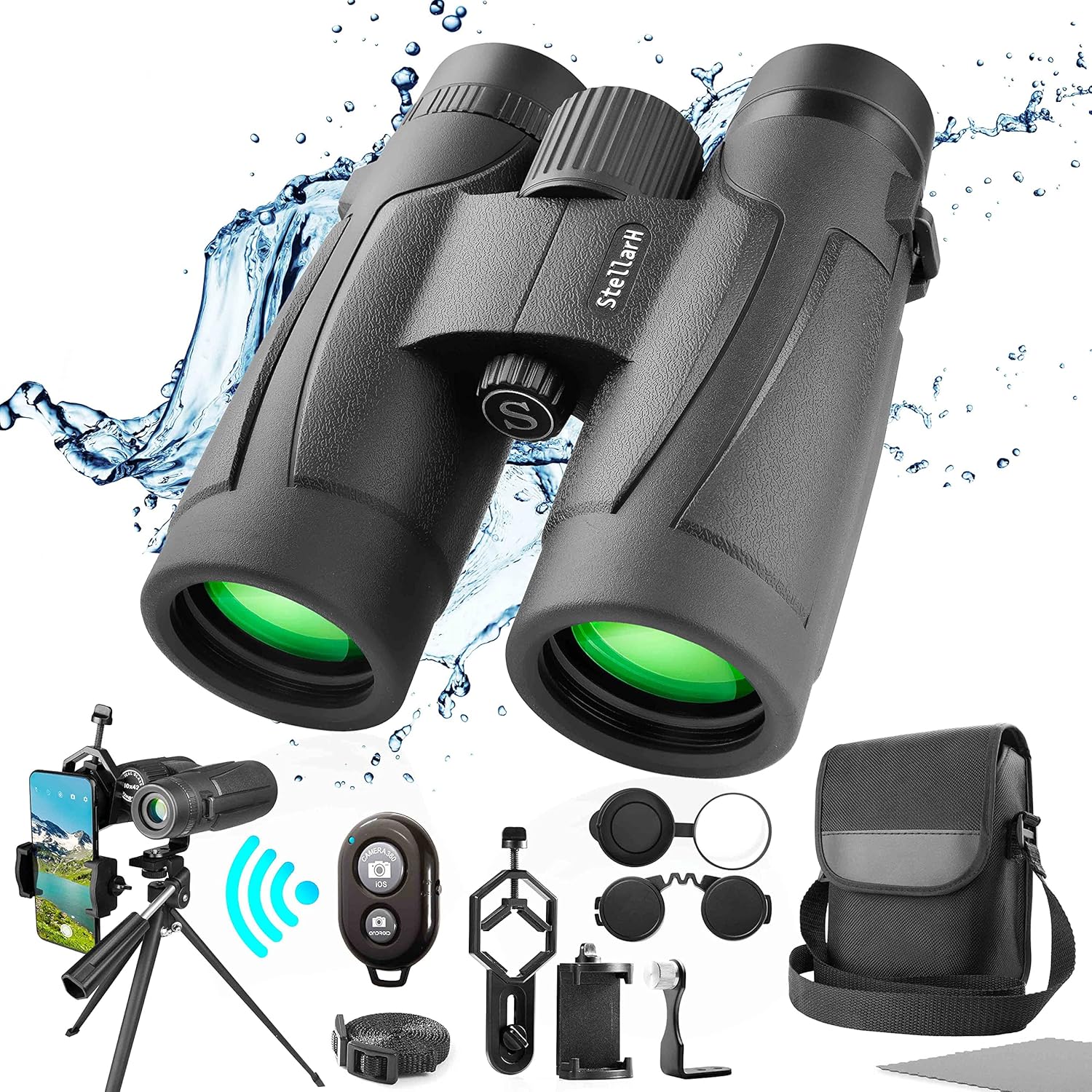 10x42 Waterproof Binoculars with Tripod, Smartphone Adapter, Carrying Bag G1527