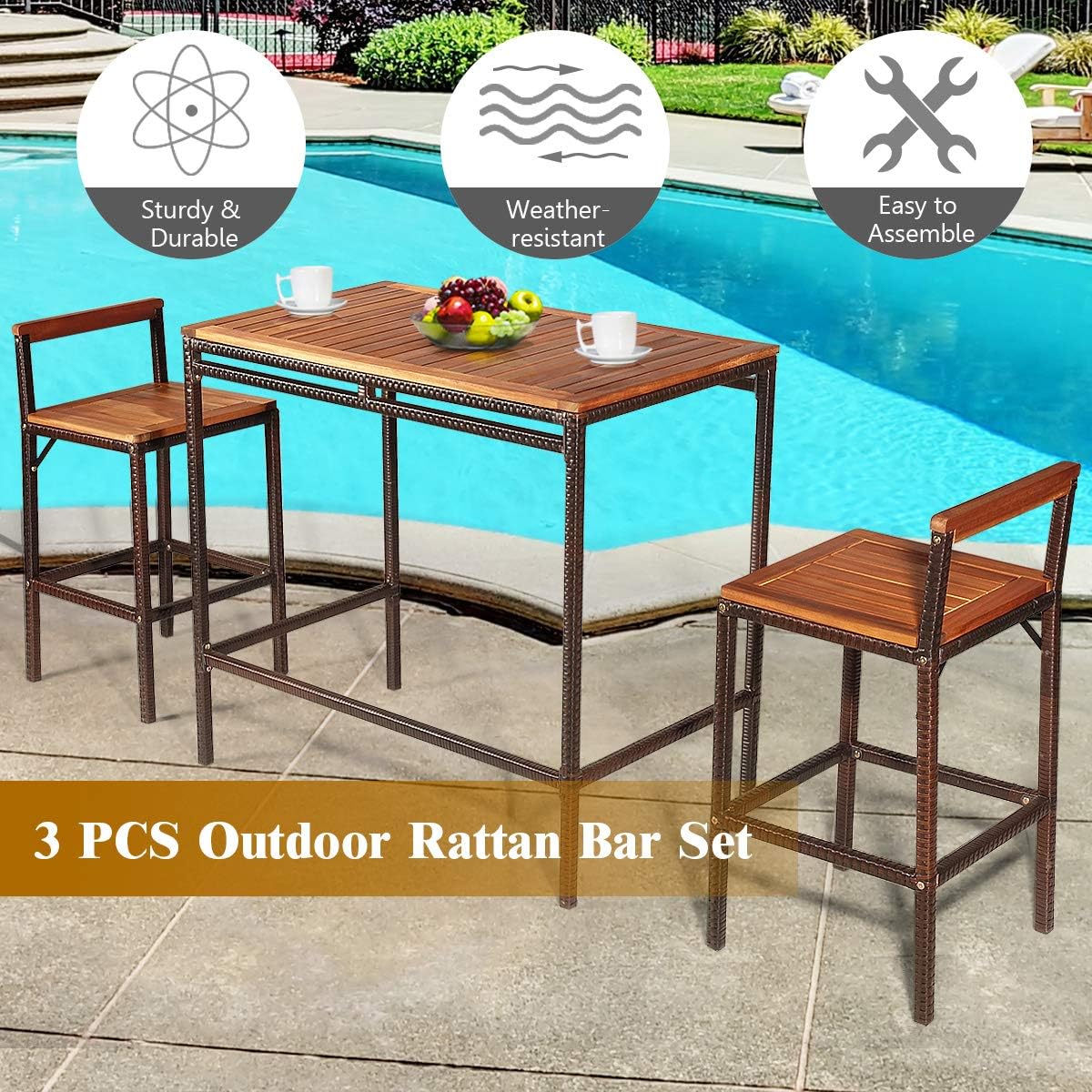 3 PCS Rattan Bar Table Set with Acacia Wood Top and 2 Bar Chairs E7961