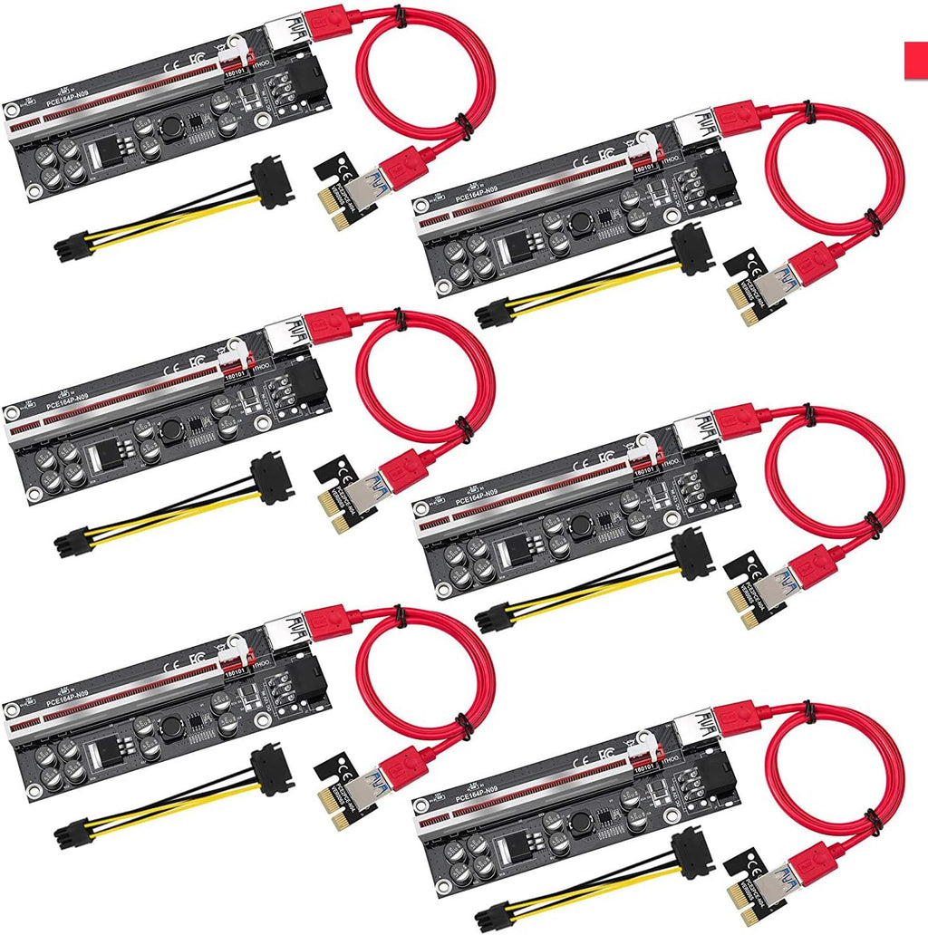 PCIE Riser 1X to 16X Graphics Extension Adapter Card, 8 Capacitors, 60cm USB 3.0 Cable, 6PIN Power Option, 6-Pack U8967