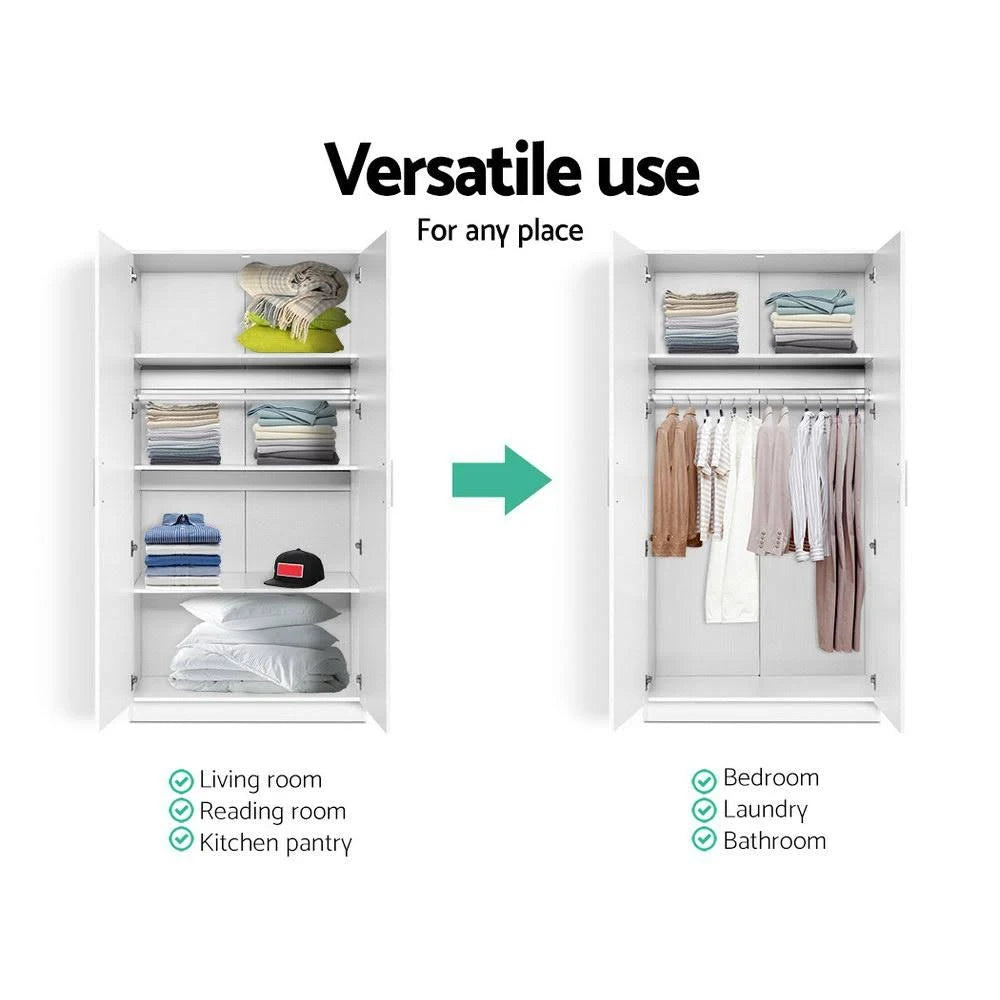 White 2 Door 180cm Wardrobe Closet Storage Cabinet T4987