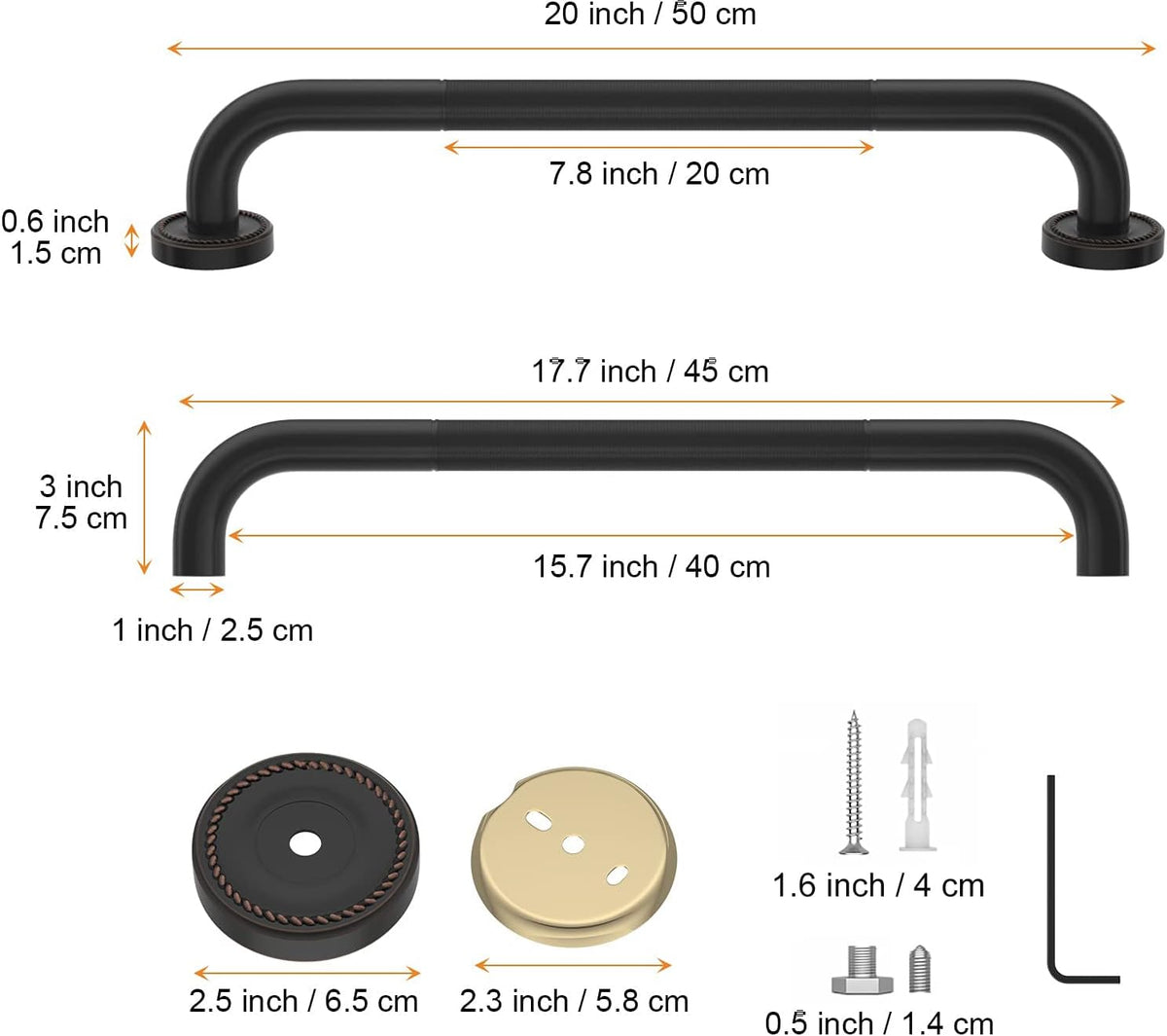 2 Pack 20 Inch Anti Slip Bronze Shower Grab Bar Oil Rubbed Black, Antique Brass Bathroom Grab Bar, Knurled Bath Balance Bar, Safety Handrail Support, Handicap Elderly Senior Assist Bath Handle Pack of 2 L268
