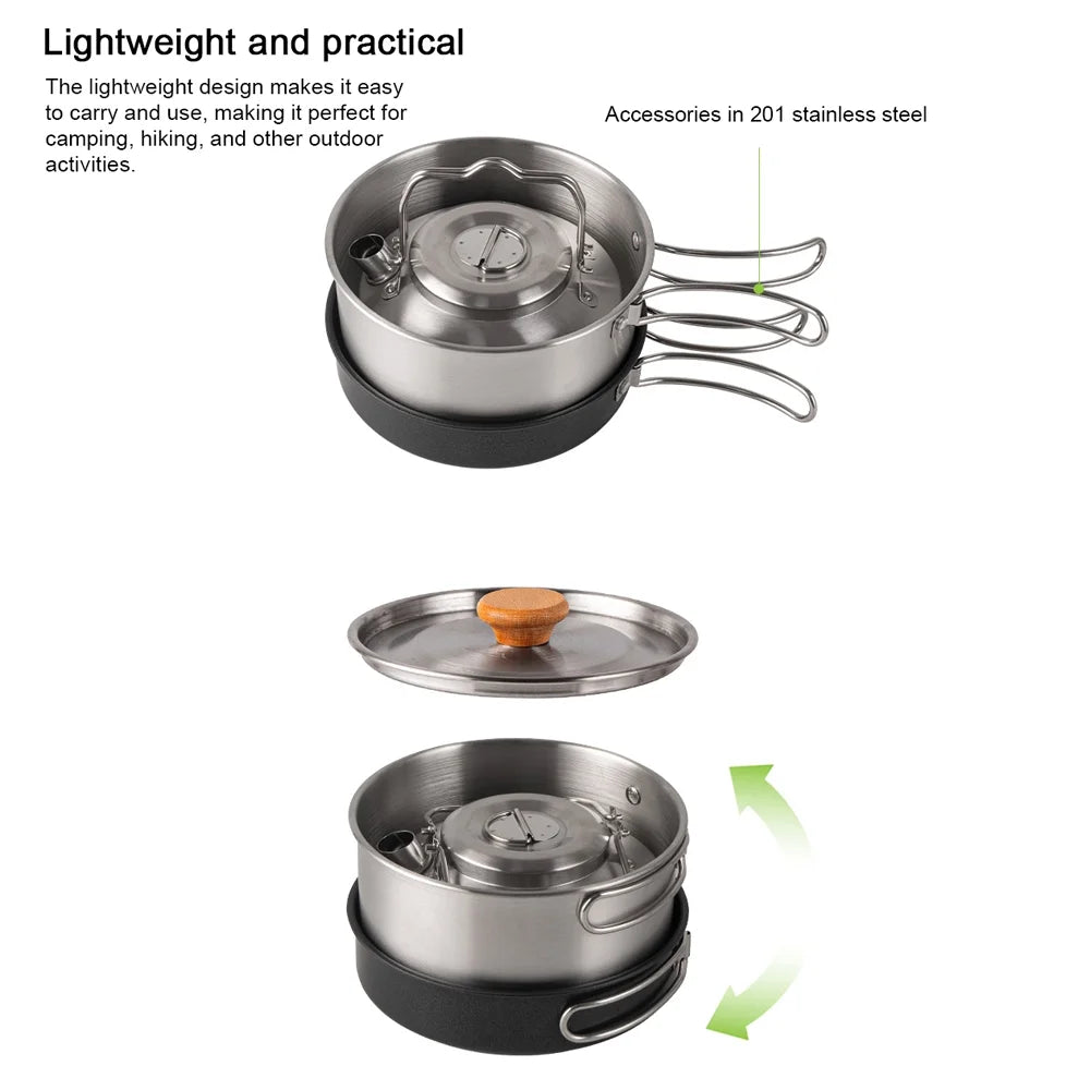 Stainless Steel Camping Cookware Set with Pot Frying Pan Kettle R105