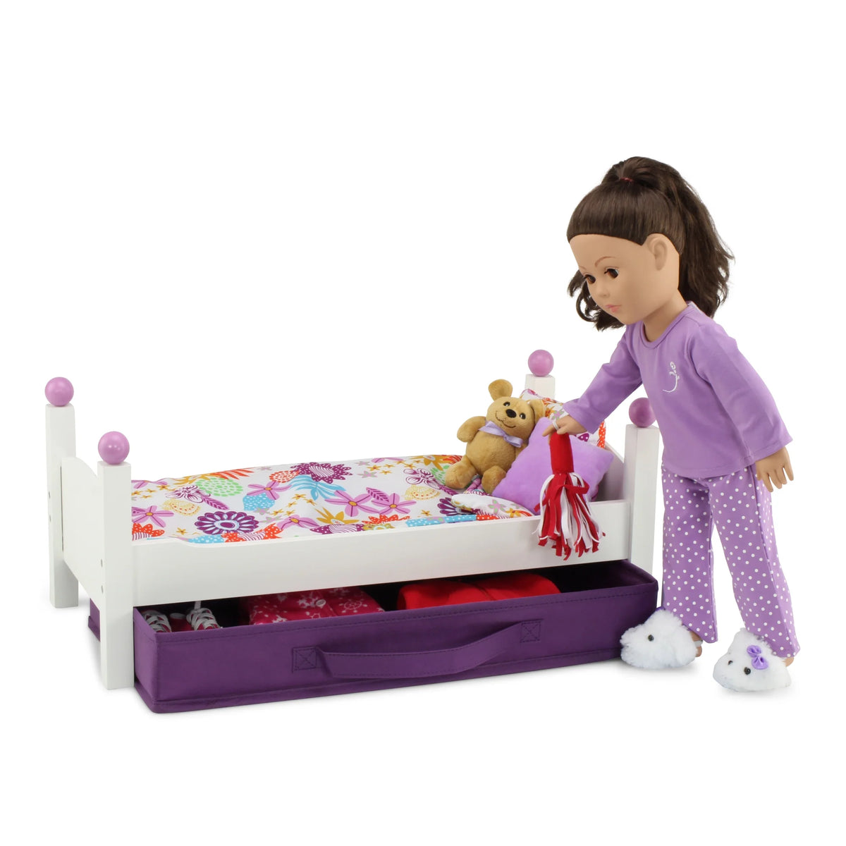 18 Inch Doll Bed with Fabric Storage Bin and Reversible Doll Bedding A28809