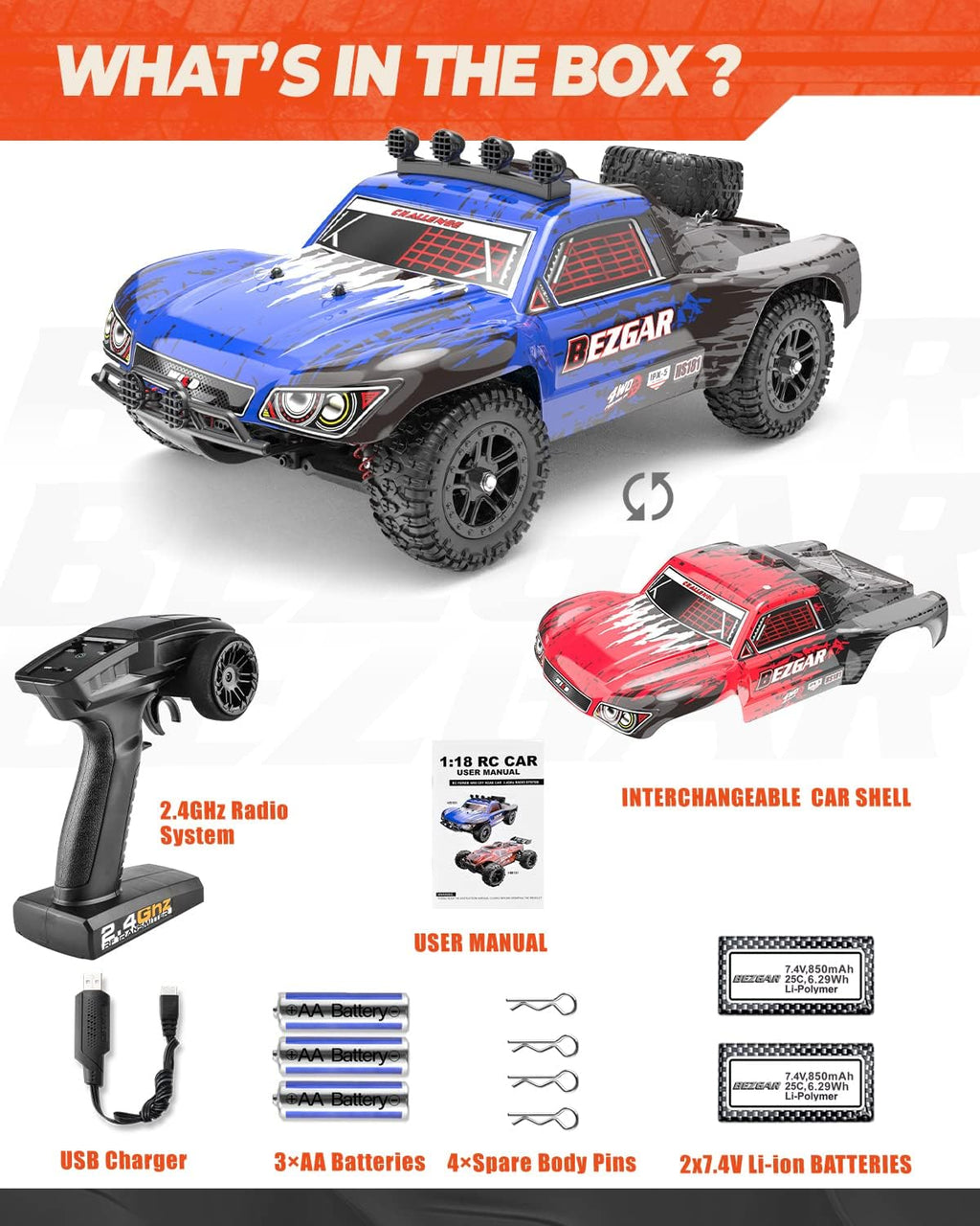 Remote Control Trucks 4WD 35 Km/h Waterproof RC Car with 2 Rechargeable Batteries Y2974