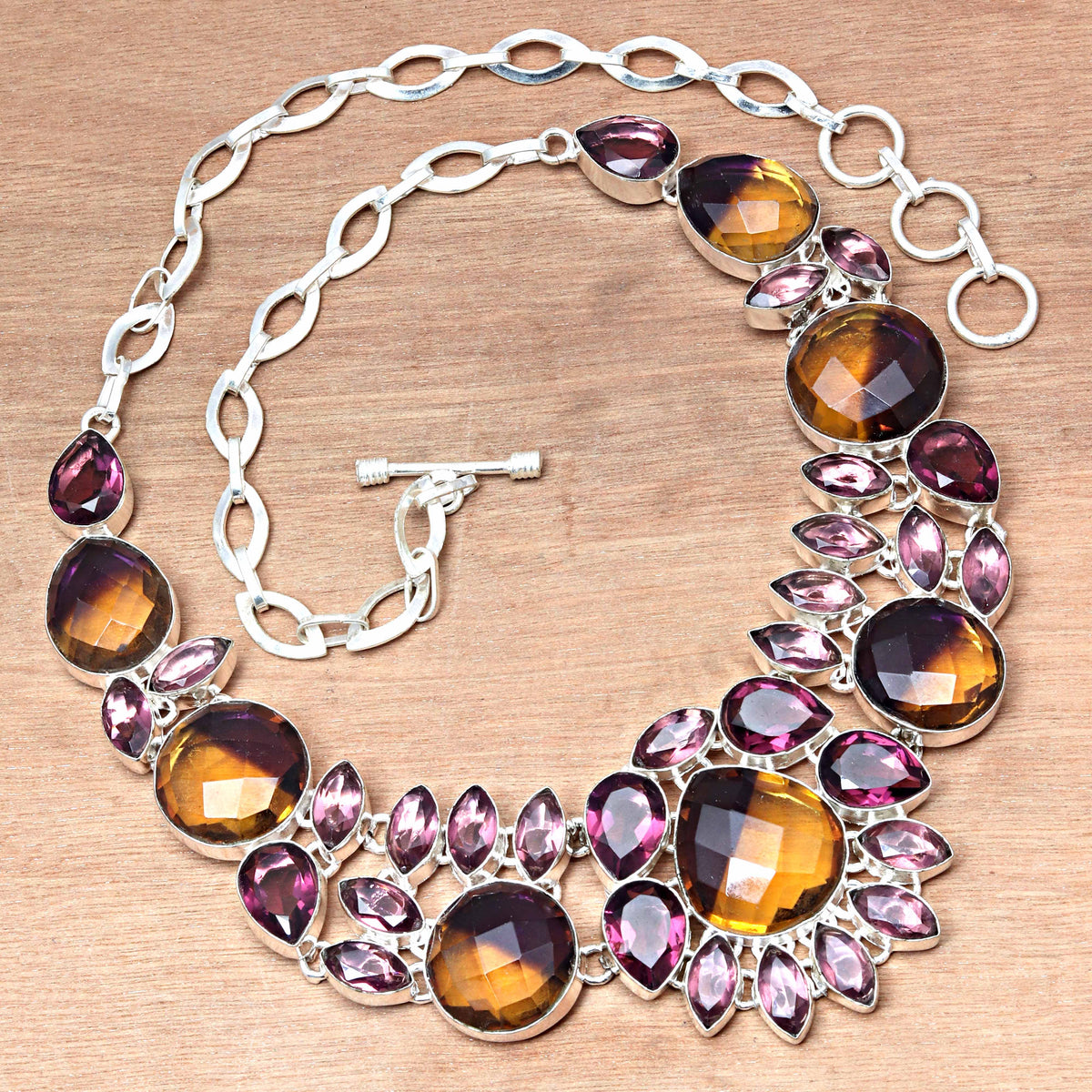 Ametrine Rubylite Faceted Gemstone Silver Necklace 18-20'' Z38248