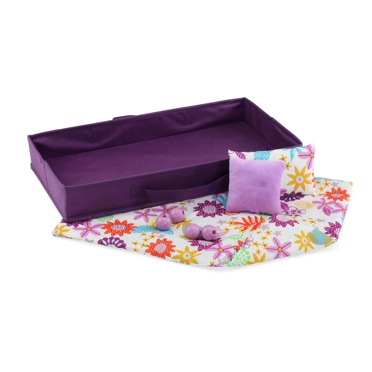 18 Inch Doll Bed with Fabric Storage Bin and Reversible Doll Bedding A28809