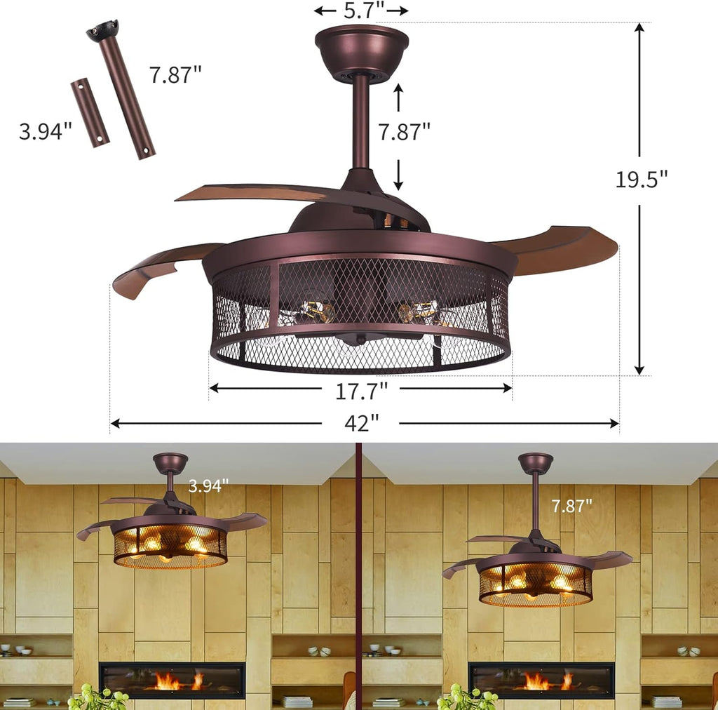 42 Industrial Ceiling Fan with Lights Remote Control Caged Low Profile L729440