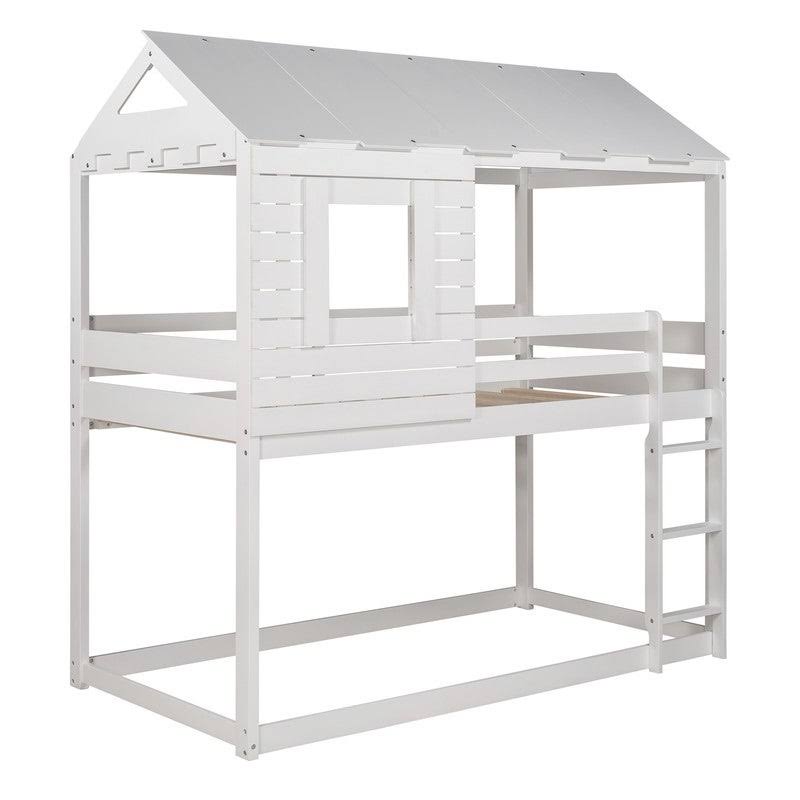 Antique White Twin Over Twin Solid Wood Loft Bed with Ladder D491