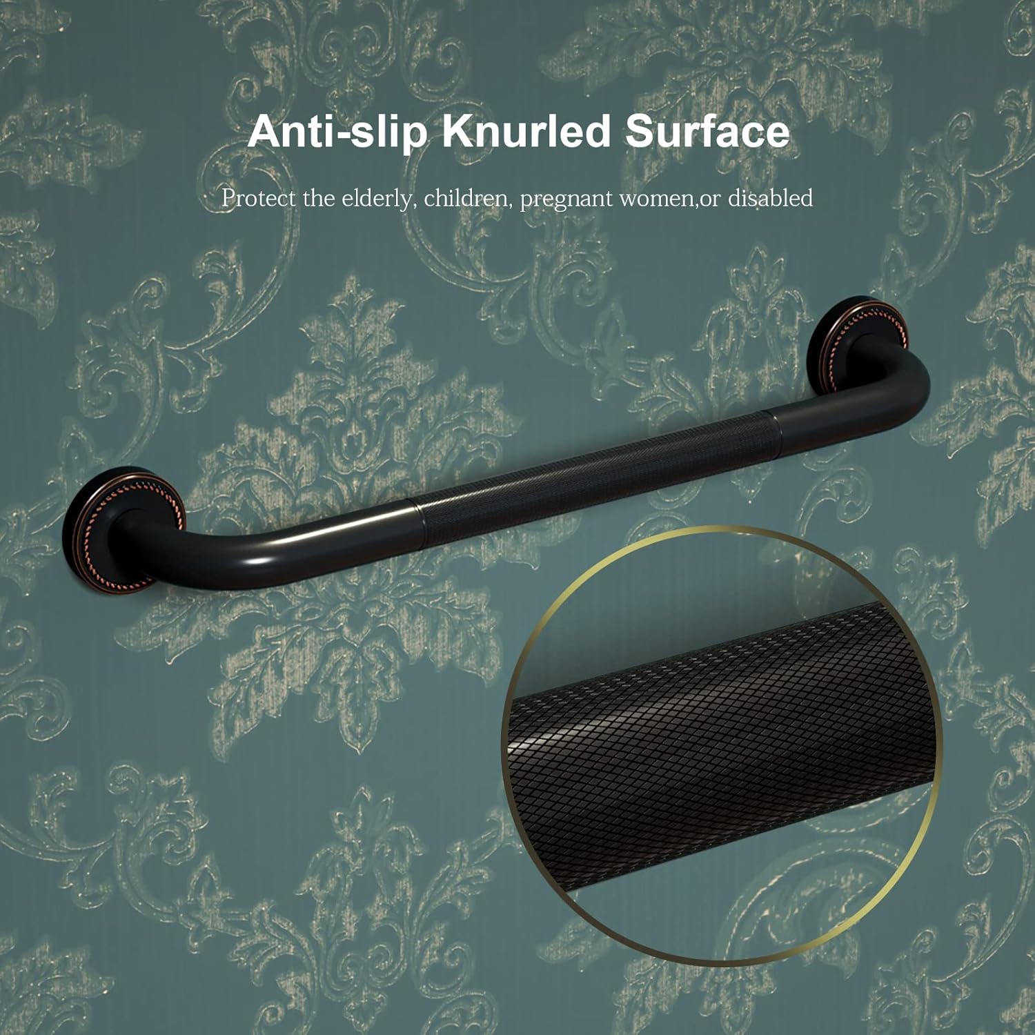 2 Pack 20 Inch Anti Slip Bronze Shower Grab Bar Oil Rubbed Black, Antique Brass Bathroom Grab Bar, Knurled Bath Balance Bar, Safety Handrail Support, Handicap Elderly Senior Assist Bath Handle Pack of 2 L268