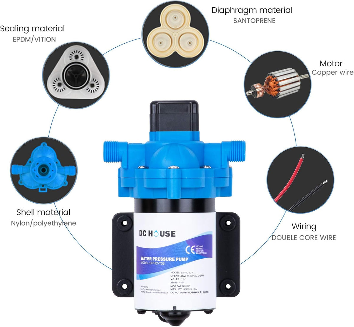 12V Self Priming Diaphragm Pump with Pressure Switch 3.0GPM 45PSI Pack of 2 V305