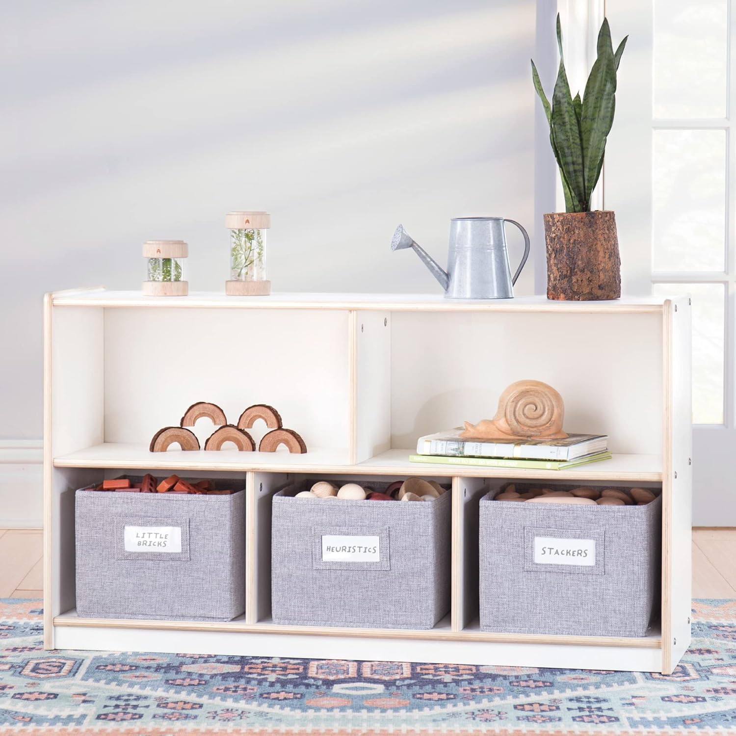 White 5 Compartment Storage with 3 Fabric Bins Wooden Bookcase B694