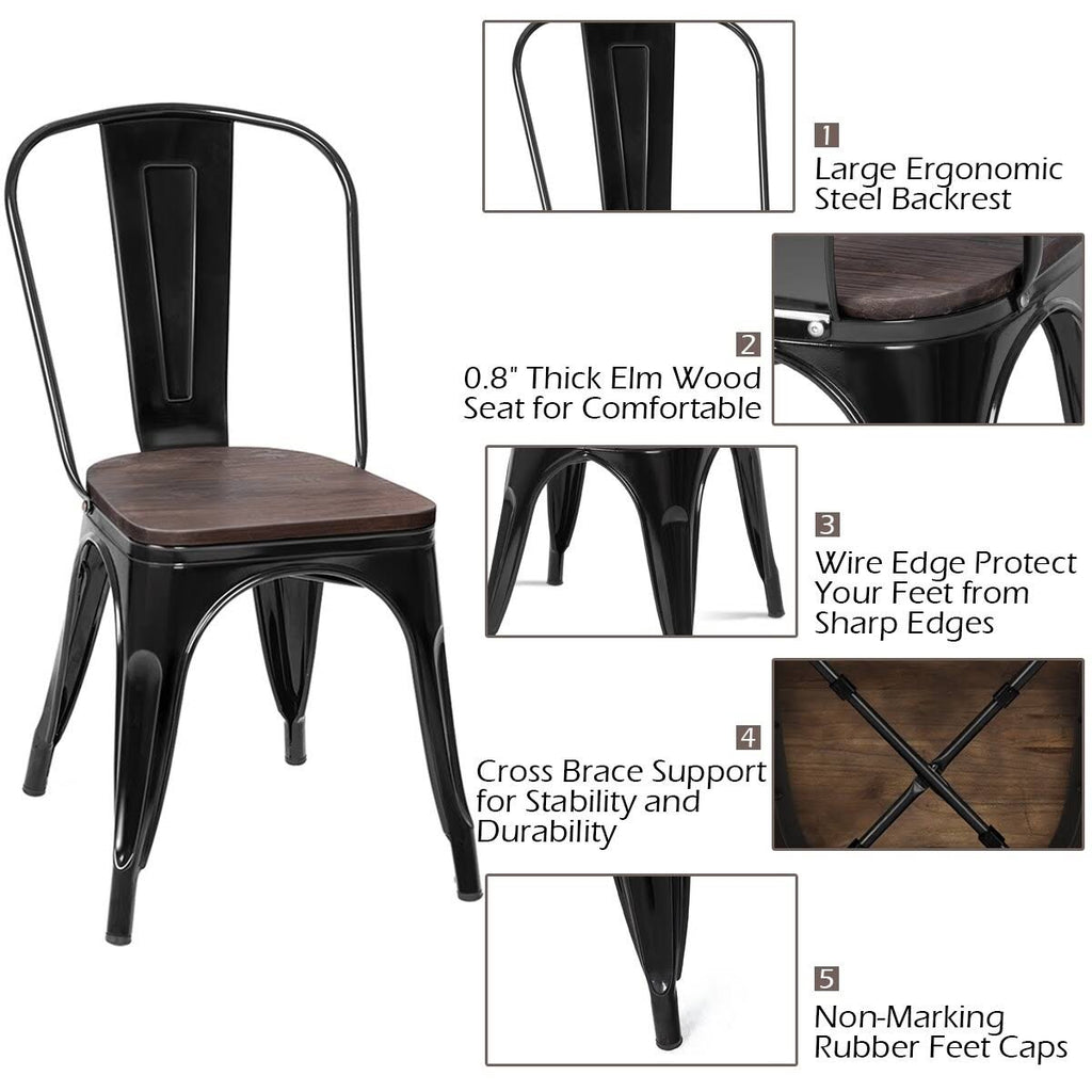 Set of 4 Stackable Bistro Dining Chair Metal Frame Wood Seat Gun X6765