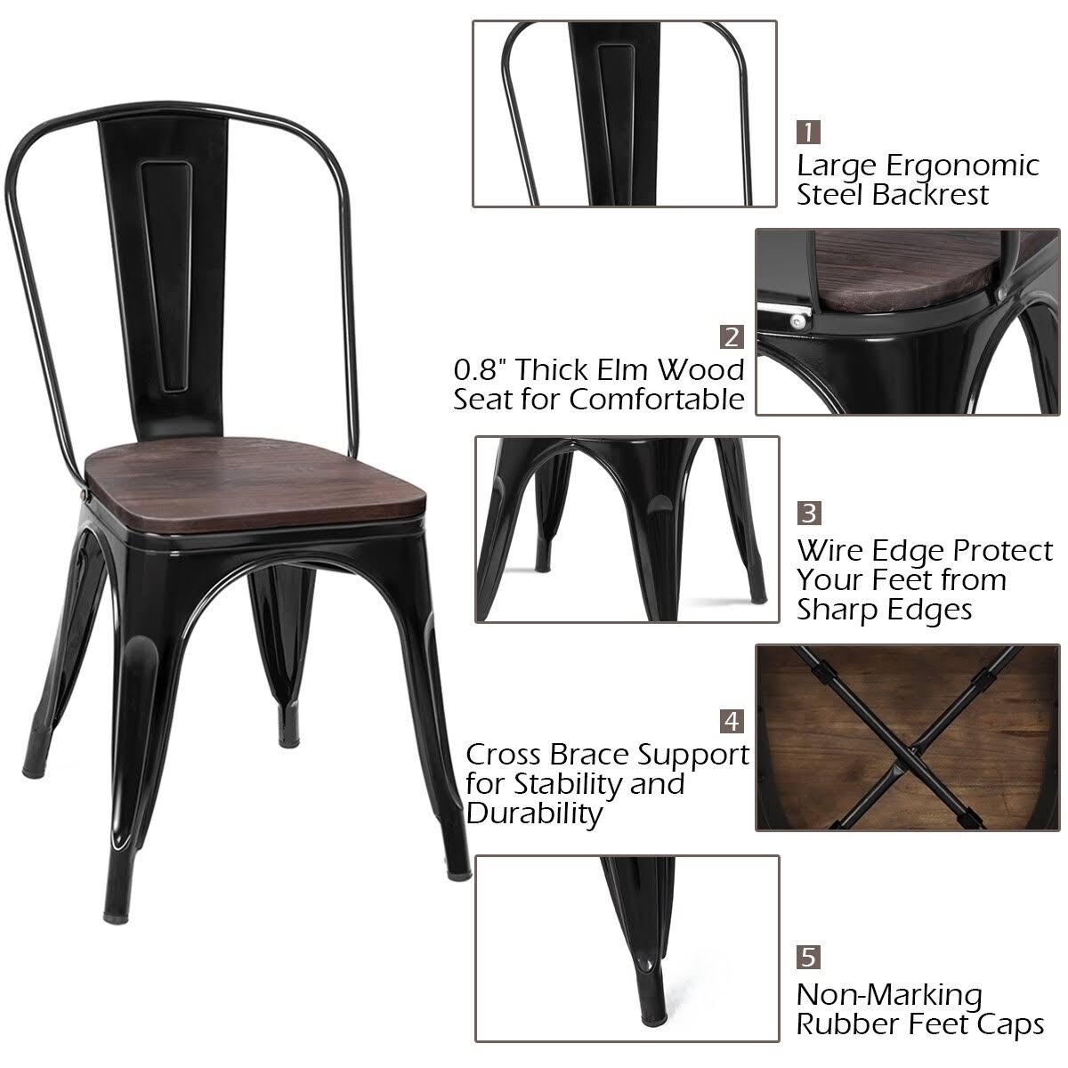 Set of 4 Stackable Bistro Dining Chair Metal Frame Wood Seat Gun X6765