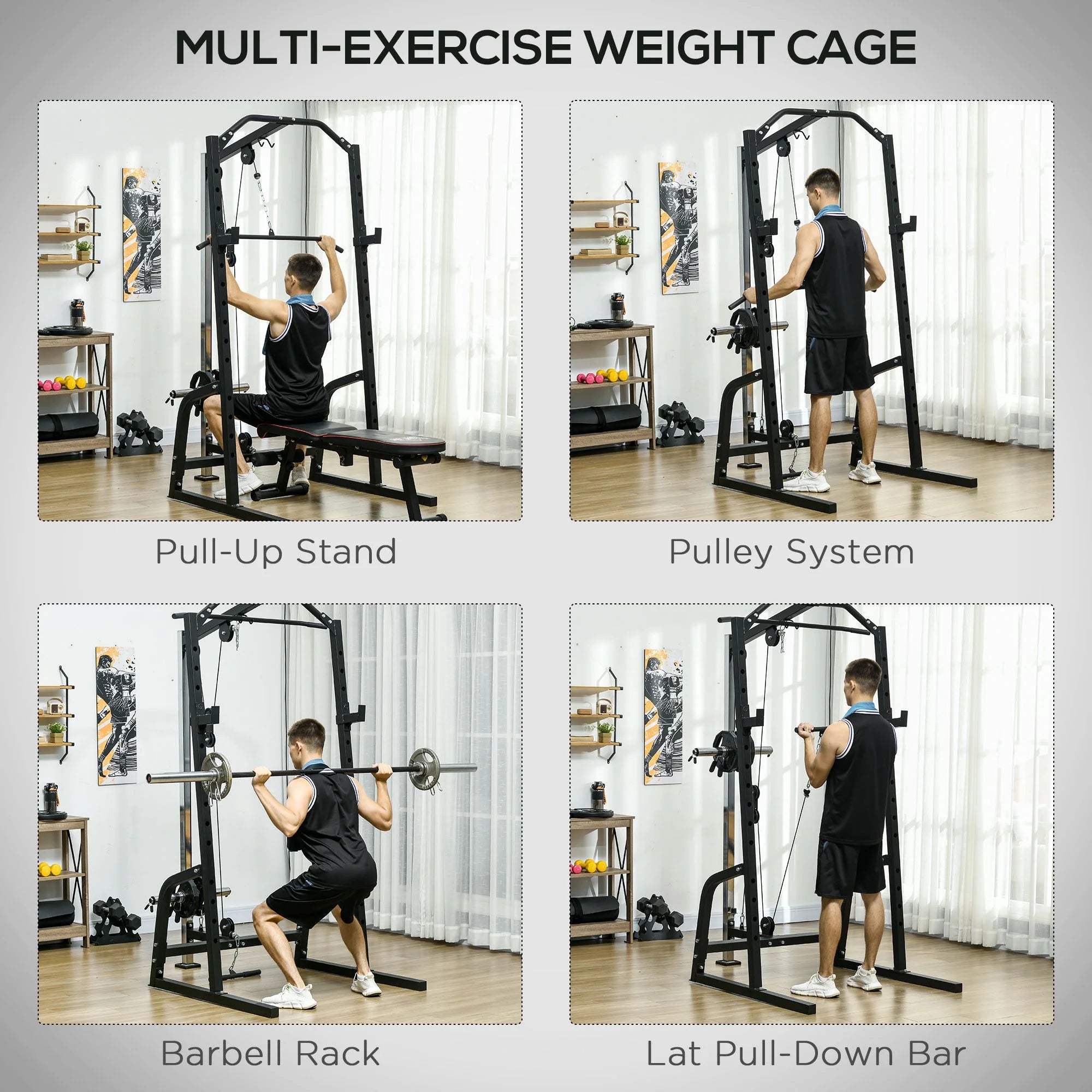 Power Cage with Pulley System Squat Rack Pull up Stand N79438