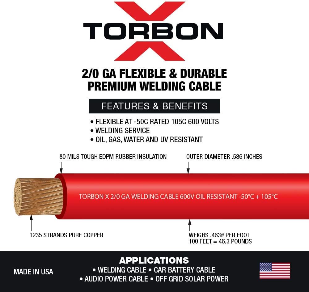 50 Feet Red 100% Copper Welding Cable 600 Volt J4341