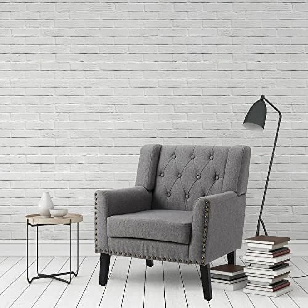 Grey Fabric Button Tufted Armchair with Solid Wood Legs F813651