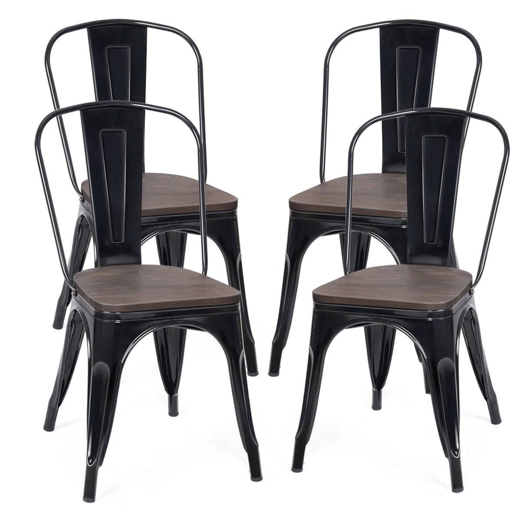 Set of 4 Stackable Bistro Dining Chair Metal Frame Wood Seat Gun X6765