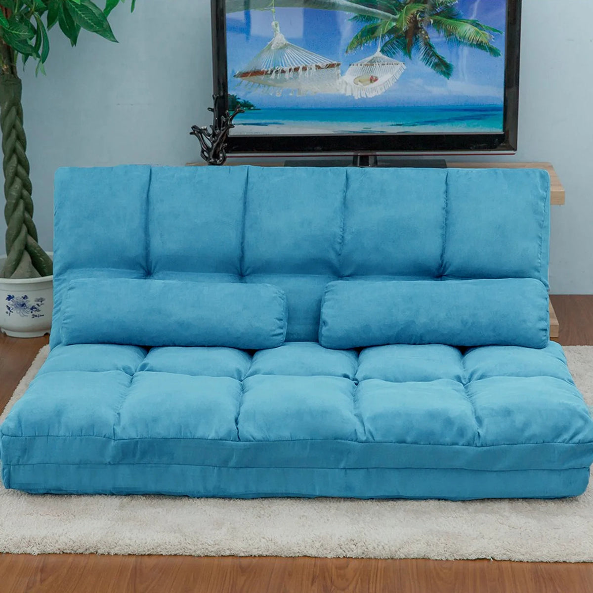 Blue Double Chaise Lounge Sofa with Two Pillows J101