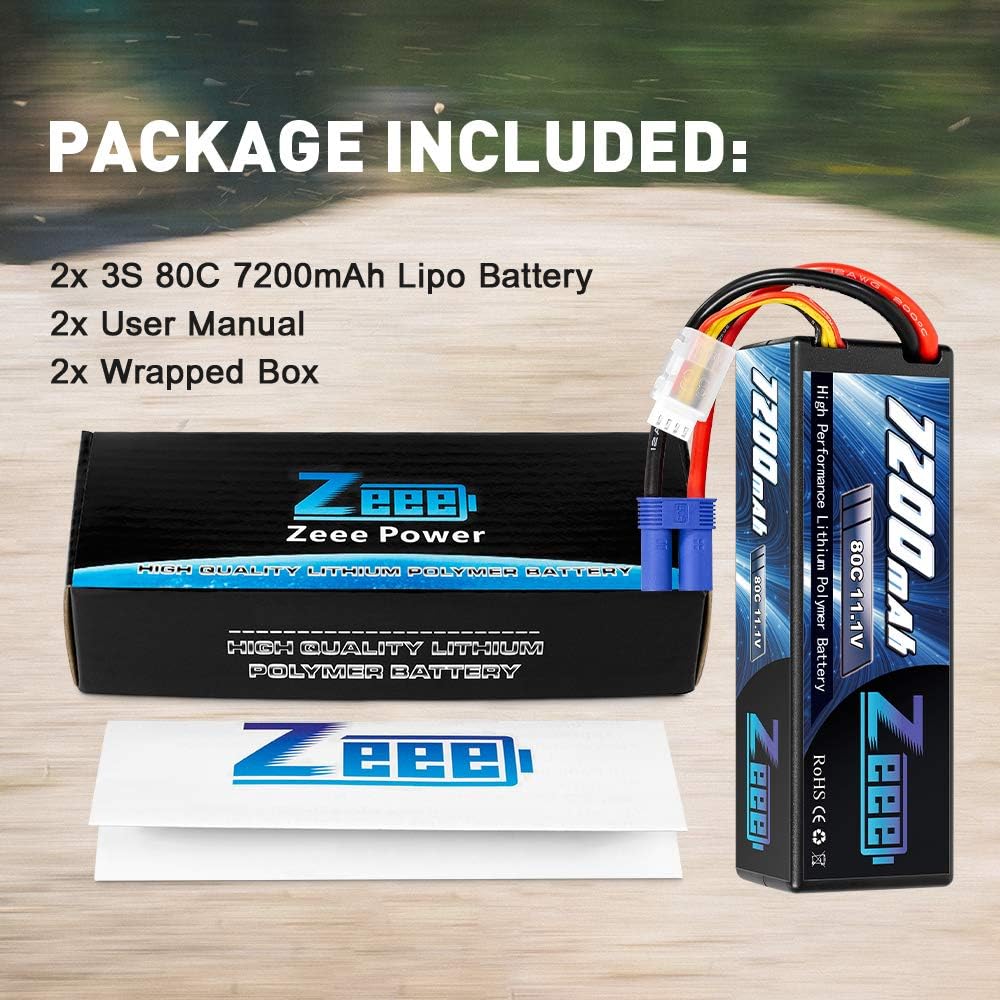 11.1V 3S Lipo Battery 7200mAh 80C with EC5 Connector Hard Case Battery (2 Packs) L90924