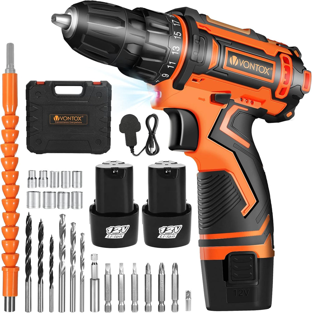 20V Cordless Drill with 2 Batteries 2000mAh and Fast Charger, 3/8" Keyless Chuck, 2 Variable Speed, 370 In-lb Torque T3479