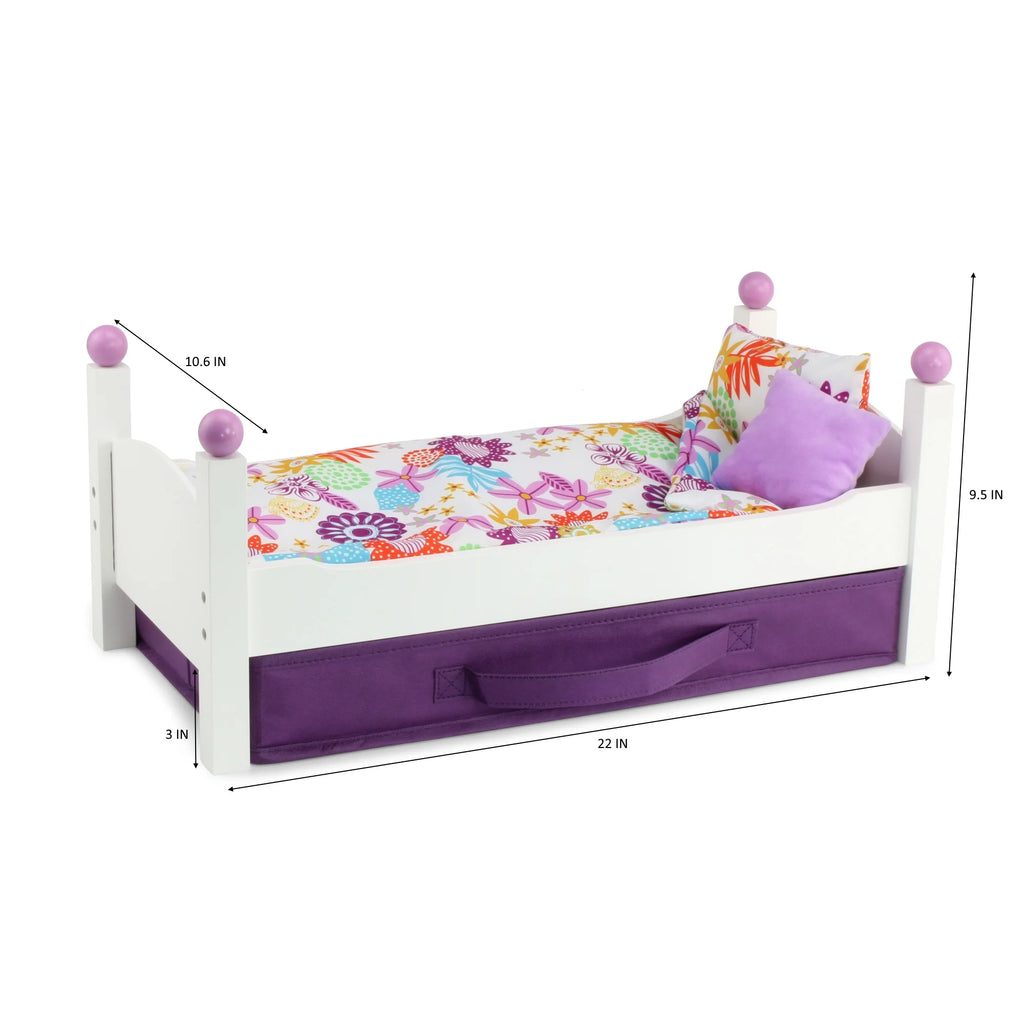 18 Inch Doll Bed with Fabric Storage Bin and Reversible Doll Bedding A28809